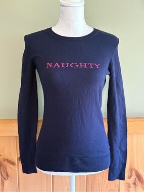 New Lilly Pulitzer Estelle Sweater in True Navy w/Pink "NAUGHTY" Embroidery XS